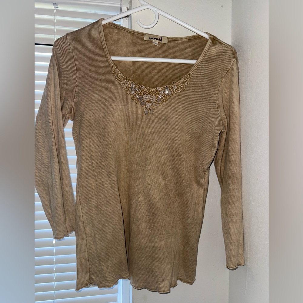 Tan Long Sleeve Top with Embellished Neckline